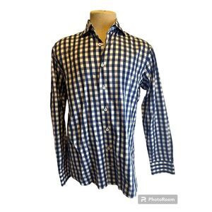 Van Laack Men Shirt Button Down Sz 39 Neck 15 1/2 Plaid White and Blue